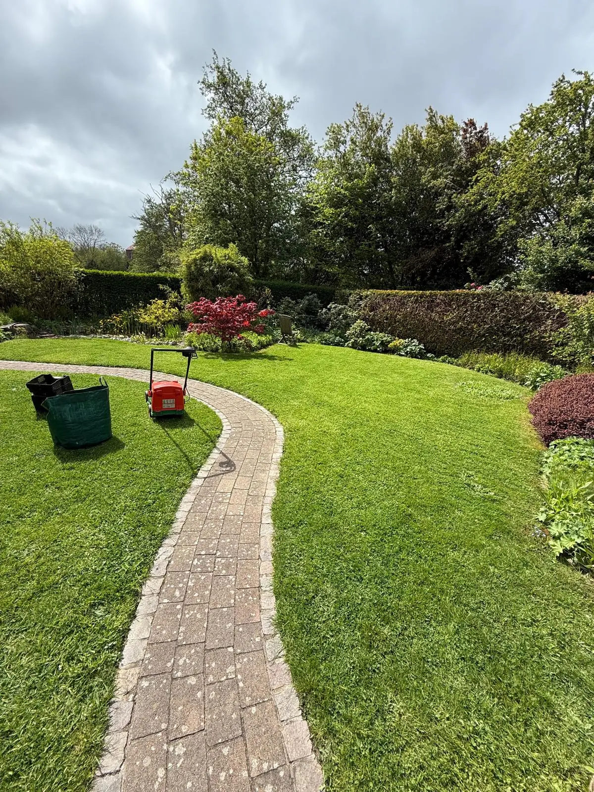 Gepflegter, sattgrüner Rasen mit Gartenweg – professionelle Rasenpflege in Neumünster